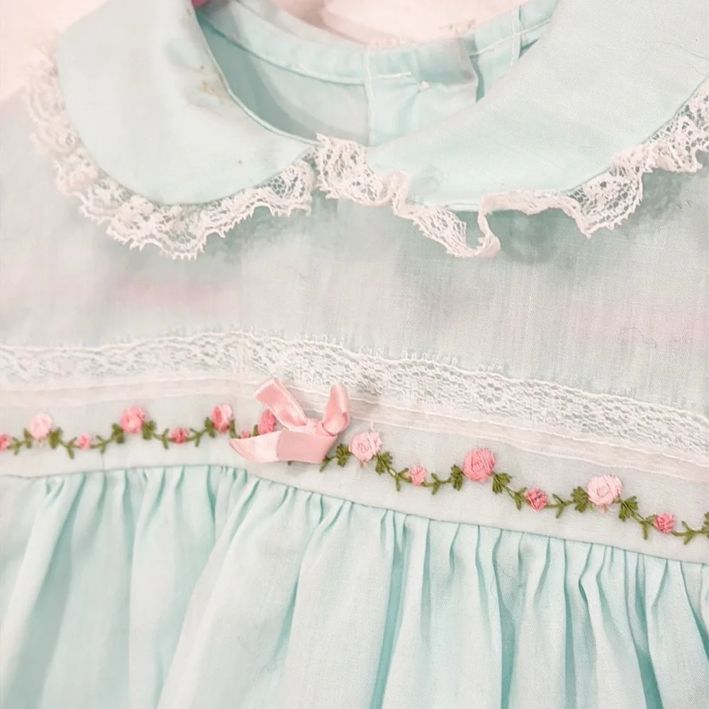 VINTAGE Alexis Dress Lace/Ribbon Soft Blue/Green Embroidered Trim Size 24 Months